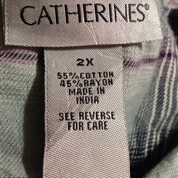 Catherine's Embellished Green Plaid Button Up Shirt 2X 3/4 Sleeve Cotton Blend - Picture 3 of 7